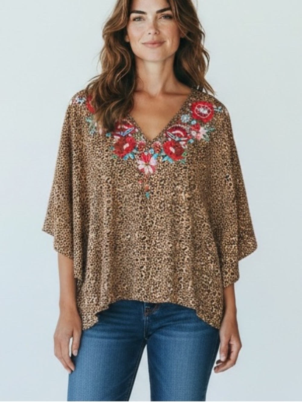Savanna Jane Leopard Print Floral Embroidery Dolman Sleeve Top Women’s Medium